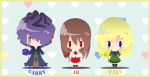  1boy 2girls alice4127 blonde_hair blue_eyes blue_rose brown_hair chibi coat dress flower garry_(ib) hair_over_one_eye heart heart_background ib ib_(ib) long_hair mary_(ib) multiple_girls purple_hair red_eyes red_rose rose short_hair yellow_rose 