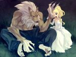  1girl bare_shoulders beastman blue_eyes claws dress elbow_gloves gloves grass hand_on_another&#039;s_cheek hand_on_another&#039;s_face long_hair maitake_(loose) original pants red_eyes sitting wedding_dress 