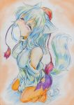  1girl absurdres animal_ears breasts closed_eyes colored_pencil_(medium) detached_sleeves hat hat_ribbon highres inubashiri_momiji kitazinger large_breasts long_sleeves ribbon shirt silver_hair sitting skirt solo tail tokin_hat touhou traditional_media v_arms wariza wide_sleeves wolf_ears wolf_tail 