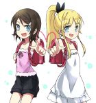  2girls backpack bag bare_arms bare_shoulders black_hair blonde_hair blue_eyes bridget_evans dress gokou_tamaki hair_ornament hair_ribbon hairclip heart looking_at_viewer maromi_(am97) multiple_girls open_mouth ore_no_imouto_ga_konna_ni_kawaii_wake_ga_nai ponytail randoseru ribbon shirt shorts smile strapless_dress white_dress 