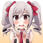  1girl @_@ blush bow clenched_hands drill_hair frills hair_bow idolmaster idolmaster_cinderella_girls kanzaki_ranko necktie open_mouth silver_hair sleeveless sweat tears twintails uraichishi wink 