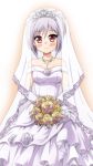  1girl bare_shoulders blush bouquet braid collarbone dress flower idolmaster idolmaster_cinderella_girls kanzaki_ranko off_shoulder red_eyes rose short_hair silver_hair sleeveless smile solo uraichishi veil wedding_dress white_background yellow_rose 