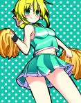  1girl blonde_hair cheerleader gin_(shioyude) green_eyes looking_at_viewer mizuhashi_parsee navel pointy_ears pom_poms short_hair smile solo touhou 