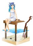  1girl :d animal_ears barefoot blue_eyes blue_hair cat_ears caustic_lighting caustics dock dress exeb. gradient_hair isometric legs long_hair multicolored_hair open_mouth original partially_underwater_shot sand sitting smile solo strap_slip sundress water white_background white_dress 