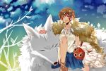  1girl brown_hair clouds earrings facepaint facial_mark graphite_(medium) highres jewelry mask mixed_media mononoke_hime moon moro necklace night night_sky san short_hair skirt sky solanikieru star_(sky) studio_ghibli traditional_media wolf 