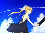  1girl air blonde_hair blue_dress blue_eyes blush clouds condensation_trail dress hair_ribbon holding_hands kamio_misuzu long_hair na770 open_mouth ponytail ribbon shirt sky standing takana white_shirt 