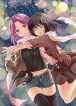  2girls black_hair blush casual closed_eyes highres hug jewelry kajiki_yumi multiple_girls necklace purple_hair saki scarf short_hair shorts skirt smile touyoko_momoko violet_eyes weisuoxin yuri 