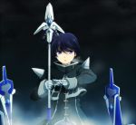  1boy armor blue_eyes blue_hair chrono_harlaown coat durandal_(nanoha) gauntlets looking_at_viewer lyrical_nanoha mahou_shoujo_lyrical_nanoha mahou_shoujo_lyrical_nanoha_a&#039;s na770 short_hair solo staff standing 