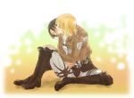  2girls black_hair blonde_hair boots christa_renz closed_eyes full_body hug hug_from_behind jpeg_artifacts kurokoshou multiple_girls pants profile shingeki_no_kyojin short_hair sitting three-dimensional_maneuver_gear ymir_(shingeki_no_kyojin) yuri 