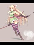  1girl arrow blonde_hair bow_(weapon) gloves highres long_hair open_mouth pointy_ears seo_tatsuya simple_background smile solo striped striped_legwear thighhighs very_long_hair weapon 