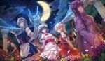  5girls adapted_costume bat_wings beret blonde_hair blue_eyes book braid corset crescent crescent_moon dress dutch_angle flandre_scarlet flower garden hair_ribbon hat holding hong_meiling izayoi_sakuya lavender_hair leaf long_hair maid_headdress moon multiple_girls night patchouli_knowledge pillar pocket_watch purple_hair red_eyes redhead remilia_scarlet ribbon ryuuzaki_ichi short_hair siblings silver_hair sisters skirt sky smile star_(sky) starry_sky statue touhou twin_braids violet_eyes watch wings 