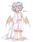  1girl barefoot bat_wings blanket bloomers blue_hair blush closed_eyes hand_to_own_mouth head_tilt long_sleeves maru_usagi messy_hair open_mouth pajamas pigeon-toed remilia_scarlet solo touhou underwear waking_up wings yawning 