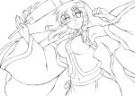  1girl breasts detached_sleeves gomamiso_sti hair_ornament highres kochiya_sanae lineart long_hair monochrome open_mouth snake solo touhou very_long_hair 