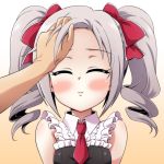  1girl blush bow closed_eyes drill_hair forehead frills hair_bow hands hands_on_another&#039;s_face hands_on_another&#039;s_head idolmaster idolmaster_cinderella_girls kanzaki_ranko necktie open_mouth silver_hair sleeveless twintails uraichishi 