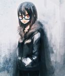  1girl 417_(to_i_chi) brown_hair casual fur_collar glasses hands_in_pockets jacket looking_at_viewer original red_eyes semi-rimless_glasses short_hair solo under-rim_glasses 