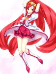  1girl :d arms_behind_head blush boots cure_ace dokidoki!_precure keikotsu long_hair open_mouth precure red_eyes smile solo 