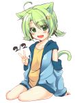  1girl ahoge animal_ears blush cat_ears cat_tail dated dodome-iro_mayonnaise flat_chest green_eyes green_hair open_mouth original sharon_(dodomayo) short_hair simple_background smile solo tail v white_background 
