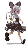  1girl animal_ears basket bloomers capelet dress grey_dress highres ishikkoro looking_at_viewer mouse mouse_ears mouse_tail nazrin red_eyes shirt short_sleeves silver_hair simple_background solo tail touhou underwear walking white_background 