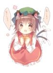  1girl animal_ears bow brown_eyes brown_hair cat_ears cat_tail chen drooling fang hat looking_at_viewer multiple_tails open_mouth shirt simple_background skirt skirt_set solo tail tail_wagging touhou translation_request vest white_background yume_hisahi 