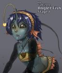  1girl anglerfish antennae black_eyes blue_hair fang fins flat_chest glowing hairband lips lure monster_girl no_pupils nose original personification see-through short_hair solo tubetop whistle_frog 