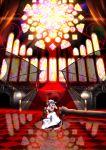  1girl bat_wings blue_hair checkered checkered_floor crossed_legs lystick red_eyes reflection reflective_floor remilia_scarlet sitting solo stained_glass stairs throne touhou transparent transparent_wings wings 