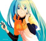  1girl character_name digital_media_player earphones earphones green_eyes green_hair hatsune_miku hoodie long_hair otsumujix solo twintails vocaloid 