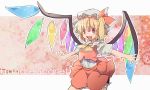  1girl ascot blonde_hair character_name citolo flandre_scarlet hat open_mouth outstretched_arms red_eyes short_hair side_ponytail skirt skirt_set smile solo touhou wings 