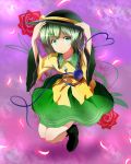  1girl flower green_eyes green_hair hat hat_ribbon hizagawa_rau holding holding_hat komeiji_koishi petals ribbon rose solo third_eye touhou wide_sleeves 