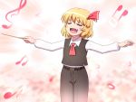  1girl ascot blonde_hair blush_stickers closed_eyes fang musical_note open_mouth outstretched_arms pants rumia shirosato short_hair smile solo touhou 