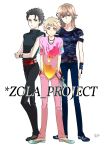  3boys black_hair blue_eyes brown_hair crossed_arms earrings eyebrows grey_hair hands_in_pockets highres jewelry kyo_(vocaloid) mouri multicolored_eyes multicolored_shirt multiple_boys smile thick_eyebrows wil_(vocaloid) yuu_(vocaloid) zola_project 