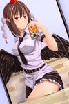  1girl artist_request belt blow blush breasts camera hat highres large_breasts necktie pointy_ears posing shameimaru_aya shiny shiny_skin short_hair skirt solo thighs tokin_hat touhou wings 