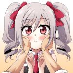  1girl blush bow drill_hair frills hair_bow hands hands_on_another&#039;s_cheeks hands_on_another&#039;s_face idolmaster idolmaster_cinderella_girls kanzaki_ranko necktie red_eyes silver_hair sleeveless twintails uraichishi 