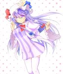  1girl adapted_costume capelet crescent dress hair_ribbon halftone halftone_background hat long_hair long_sleeves looking_at_viewer nogisaka_kushio open_clothes open_coat patchouli_knowledge purple_dress purple_hair ribbon solo striped striped_dress thigh-highs touhou tress_ribbon very_long_hair violet_eyes white_legwear wide_sleeves zettai_ryouiki 