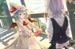  2girls ascot bat_wings blue_hair blush bou_shaku brooch cherry_blossoms confession hat hat_ribbon highres izayoi_sakuya jewelry letter long_sleeves love_letter maid maid_headdress multiple_girls outstretched_arms petals puffy_sleeves red_eyes remilia_scarlet revision ribbon sash shirt short_sleeves silver_hair skirt skirt_set touhou wings 