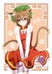  1girl animal_ears blush brown_eyes brown_hair cat_ears cat_tail chen hat highres jewelry looking_at_viewer multiple_tails nugi_(armenci) paw_print short_hair single_earring smile solo tail touhou v_arms 