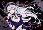  1girl blood bloody_tears breasts cleavage doll_joints dress feathers flower gothic_lolita grin hairband lolita_fashion lolita_hairband long_hair petals pinky_to_mouth red_eyes rialess100 rose rozen_maiden silver_hair smile solo suigintou wings 