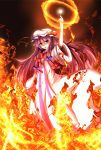  1girl arm_up bow cassandra_(seishun_katsu_sando) crescent dress fire hair_bow hat highres long_hair magic patchouli_knowledge purple_hair solo spell_card touhou violet_eyes 