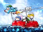  4girls =_= backpack bag blonde_hair blue_hair blue_sky brown_hair closed_eyes flag flying hat hole hood inflatable_boat kawashiro_nitori kitashirakawa_chiyuri kumoi_ichirin lens_flare long_sleeves multiple_girls murasa_minamitsu neckerchief object_hug open_mouth pulling rocket rubber_boots sailor_dress sailor_hat shirt short_sleeves skirt sky smile touhou touhou_(pc-98) unzan water yaise 