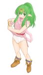  1girl anklet bangle blush boots bracelet chiki fang fire_emblem fire_emblem:_kakusei fire_emblem:_mystery_of_the_emblem green_eyes green_hair jewelry kasuga_yukihito long_hair panties pointy_ears ponytail scarf solo underwear wet wet_clothes wringing_clothes 
