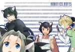  1boy 3girls airi_(robotics;notes) animal_ears apron black_eyes black_hair blonde_hair blue_eyes blush brown_eyes cat_ears cat_tail copyright_name daitoku_junna embarrassed formal hair_ribbon hidaka_subaru japanese_clothes kemonomimi_mode koujiro_frau long_hair multiple_girls na770 open_mouth phone ribbon robotics;notes short_hair silver_hair smile suit tail 