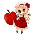  1girl :3 apple ascot blonde_hair chibi flandre_scarlet food fruit hat hat_ribbon head_tilt koyashaka looking_at_viewer lowres mob_cap red_eyes ribbon short_hair short_sleeves side_ponytail simple_background skirt skirt_set socks solo touhou white_background wings 