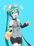  1girl animal_ears collar detached_sleeves dog_ears dog_paws dog_tail fangs green_eyes green_hair hatsune_miku highres leash long_hair oonishi_shunsuke open_mouth paws shorts solo tail twintails very_long_hair vocaloid 