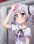  1girl blush bra breasts cleavage collarbone drill_hair idolmaster idolmaster_cinderella_girls kanzaki_ranko open_mouth rain red_eyes school_uniform see-through short_hair short_sleeves silver_hair solo twintails underwear uraichishi wet 