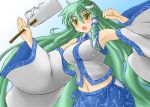  1girl breasts colored detached_sleeves green_hair hair_ornament kochiya_sanae long_hair midriff open_mouth simple_background snake solo tatuhito touhou very_long_hair white_background yellow_eyes 