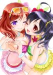  2girls bikini black_hair blush earrings heart heart_hands heart_hands_duo jewelry looking_at_viewer love_live!_school_idol_project multiple_girls nishikino_maki ooshima_tomo open_mouth red_eyes short_hair smile sunglasses sunglasses_on_head swimsuit twintails violet_eyes wink yazawa_nico 