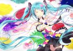  1girl bare_shoulders black_legwear blurry domotolain green_hair grin hatsune_miku headset long_hair nail_polish pink_eyes pointing smile solo tell_your_world_(vocaloid) thigh-highs twintails vocaloid wink 