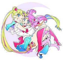  2girls bishoujo_senshi_sailor_moon blonde_hair boots chibi_usa long_hair multiple_girls purple_hair sailor_chibi_moon sailor_moon skirt tsukino_usagi twintails yoneyama_mai 