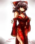  1girl black_eyes black_hair bow breasts china_dress chinese_clothes cleavage detached_sleeves dress female hair_bow hair_tubes hakurei_reimu hand_on_hip long_sleeves misoshiru_(meridianchild312) red_dress side_slit smile solo touhou wide_sleeves 
