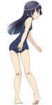  1girl barefoot black_hair blue_eyes blush chestnut_mouth closed_eyes daniel_(artist) from_behind full_body gokou_ruri highres kneepits long_hair looking_back mole mole_under_eye one-piece_swimsuit ore_no_imouto_ga_konna_ni_kawaii_wake_ga_nai school_swimsuit simple_background solo swimsuit white_background 