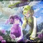  2girls animal_costume dual_persona ene_(kagerou_project) flower frog_costume green_eyes green_hair haruu_shun hoodie hydrangea jacket kagerou_project long_hair multiple_girls purple_hair smile twintails umbrella violet_eyes 